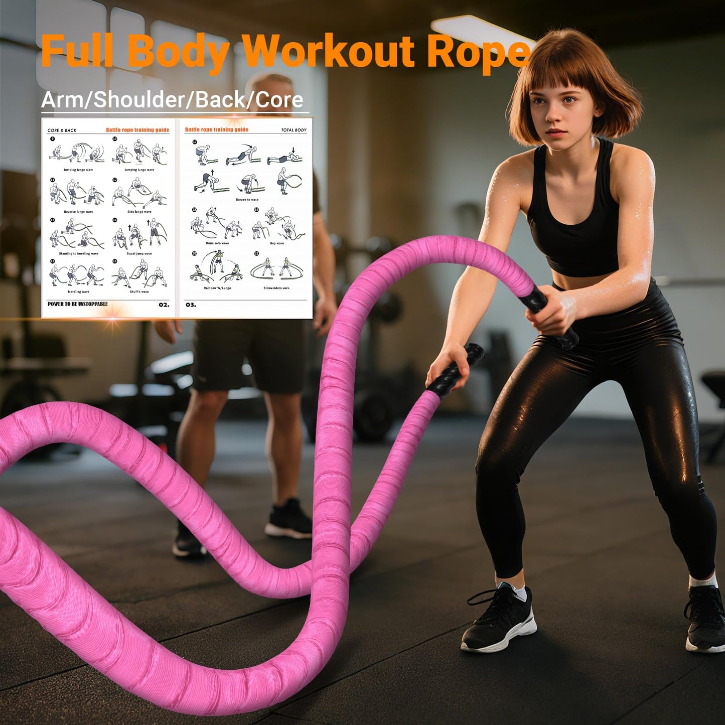 Battle Ropes for Home Gym 1 Inch Diameter 30FT Length Workout Rope Exercise Rope Training Ropes with Protective Sleeve for Kids Men Women Exercise Fitness & Strength Training-Pink