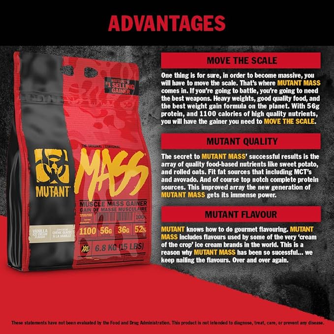 Mutant Mass Weight Gainer Protein Powder ??Build Muscle Size and Strength with 1100 Calories ??56 g Protein ??26.1 g EAAs ??12.2 g of BCAAs ??15 lbs with 24 Servings ??Cookies & Cream