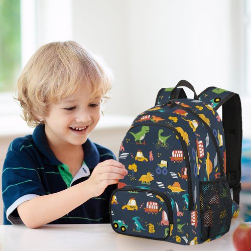 HUXINO Dinosaur Backpack for Kids 5-12, Boys Girls School, Bookbag with Dino & Vehicle Patterns, Lightweight Water Resistant Travel Backpack for Elementary Students