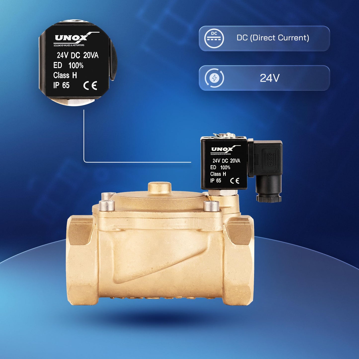 UNOX 1 1/2" NPT Solenoid Valve 24V DC, Brass Control Valve Normally Closed - 7-232 PSI Multi-Purpose Reliable Control Valve for Water, Air, and Gas - Solenoid Valves