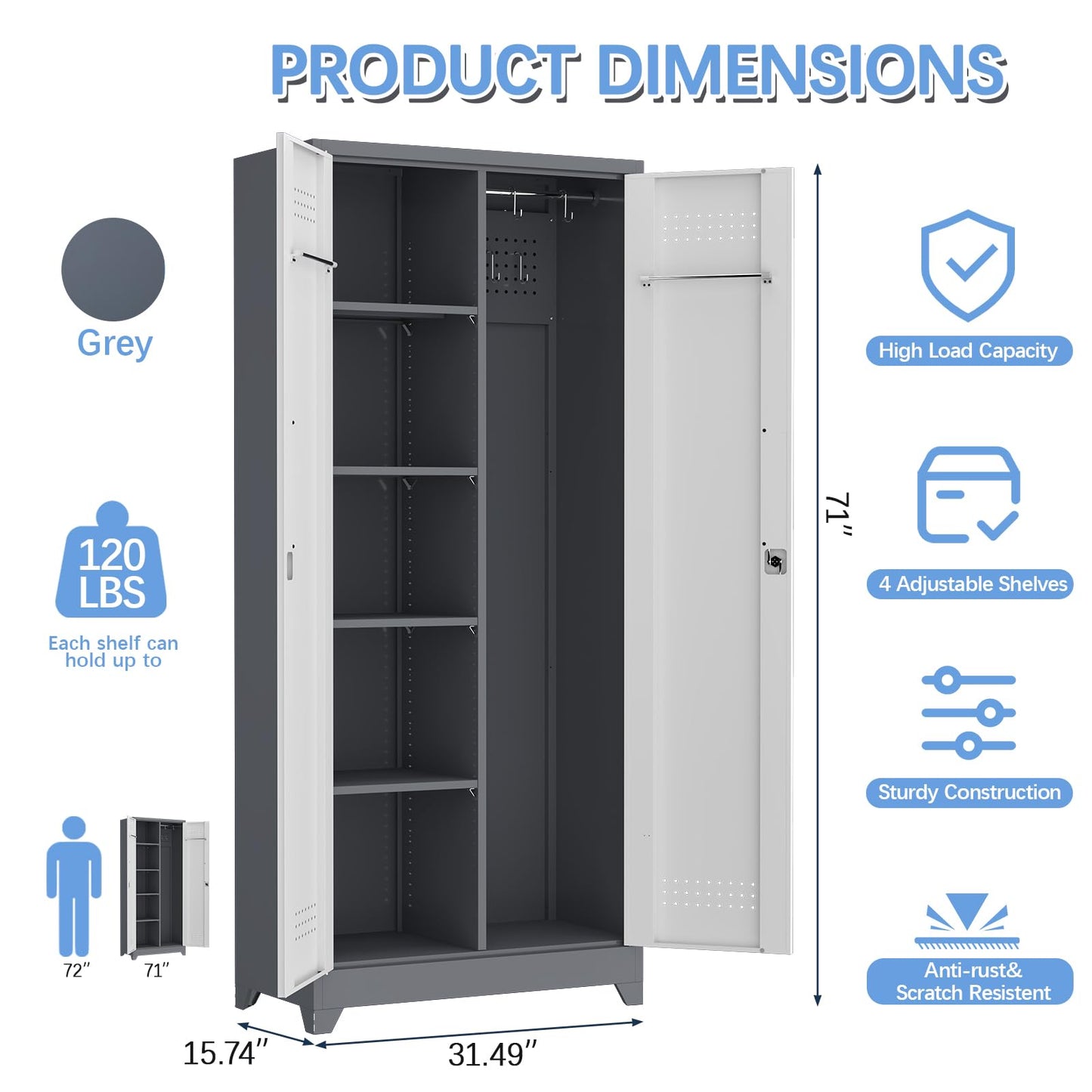 IRONFFICE Metal Storage Cabinets with Doors and Shelves,Tall Broom Closet Storage Cabinet with Pegboard,Utility Tool Cabinets,Steel Locking Cabinets for Home Office,Basement,Laundry,Grey-White