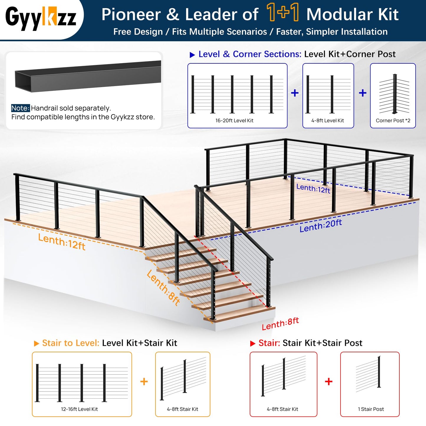 Gyykzz 36" Black Cable Railing Post, Fixed Top Level Drilled Line Post with Cable Grommets, Surface Mount T304 Stainless Steel Wire Railing Handrail Post for Indoor Outdoor Deck Cable Railing System