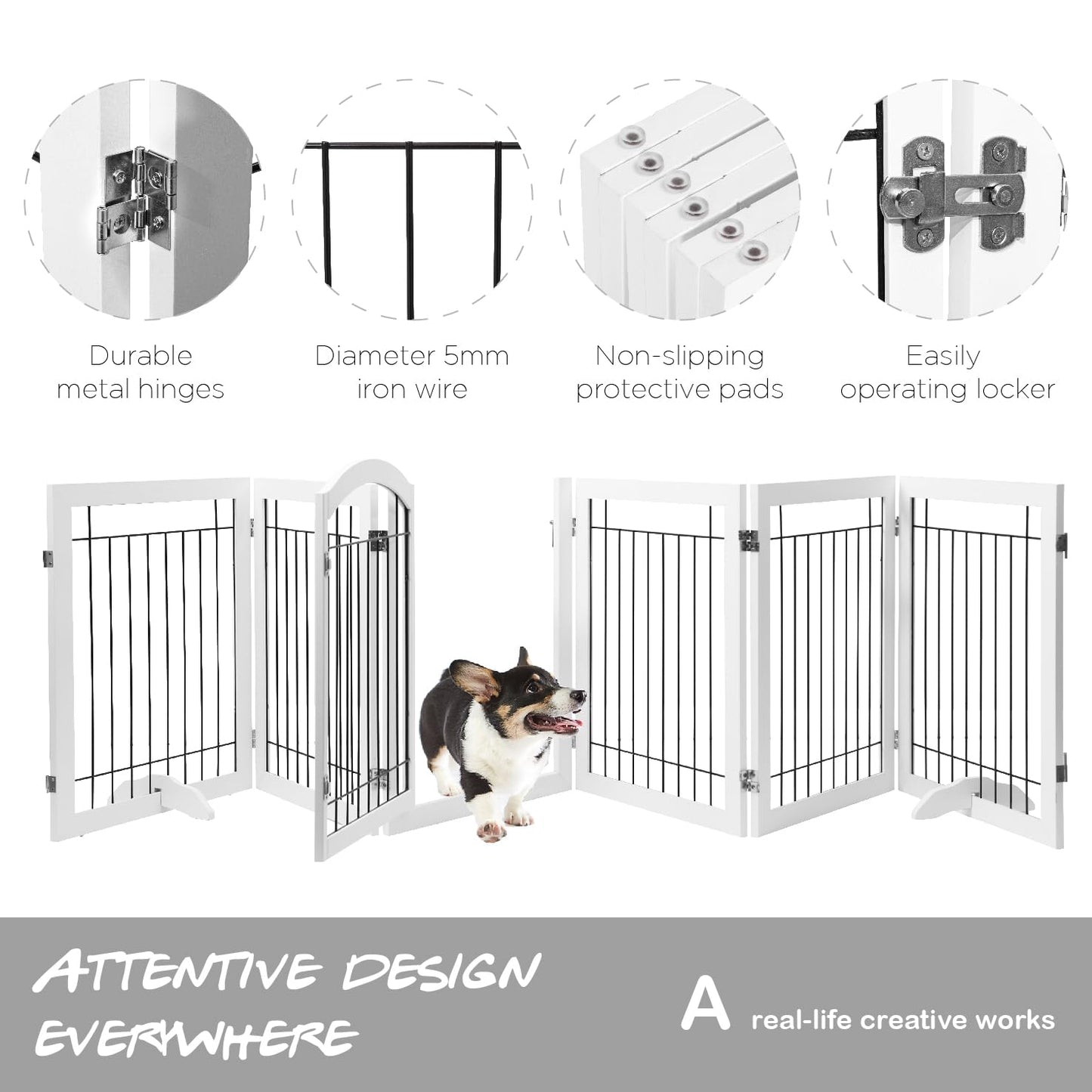 PAWLAND 144-inch Extra Wide 30-inches Tall Dog gate with Door Walk Through, Freestanding Wire Pet Gate for The House, Doorway, Stairs, Pet Puppy Safety Fence, Support Feet Included, White,6 Panels