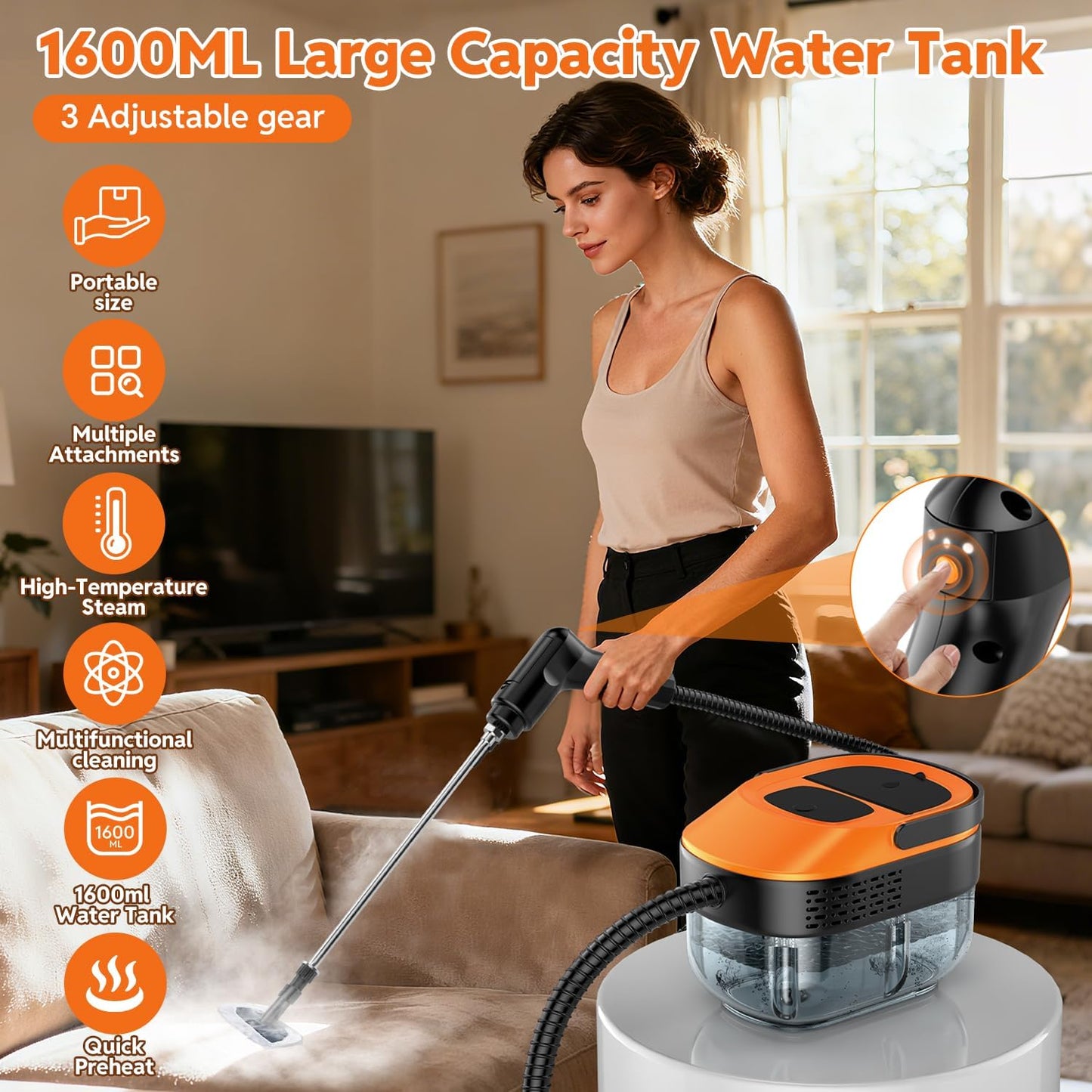 Skiennix Steam Cleaner - Fast Heating Handheld Steamer with 1.6L Tank & 16 Accessories | Ideal for Home & Car Cleaning