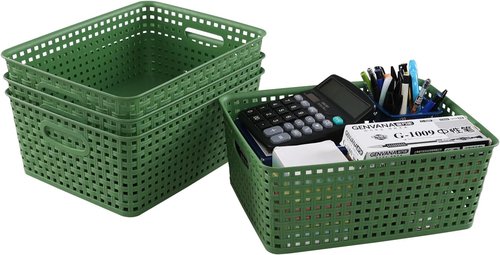 Medium Plastic Baskets - Woven Storage Organizers for Home | Set of 4