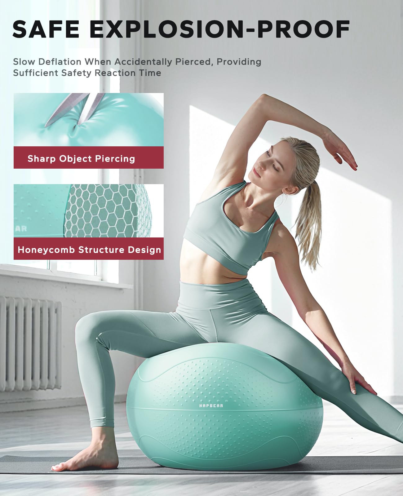 HAPBEAR Exercise Ball (22''/26''/30'') - Anti-Burst Slip-Resistant Yoga/Pilates Ball for Core Training & Posture Improvement, Home Gym/Rehab/Pregnancy Ball, Quick Pump & 3 Resistance Bands Included