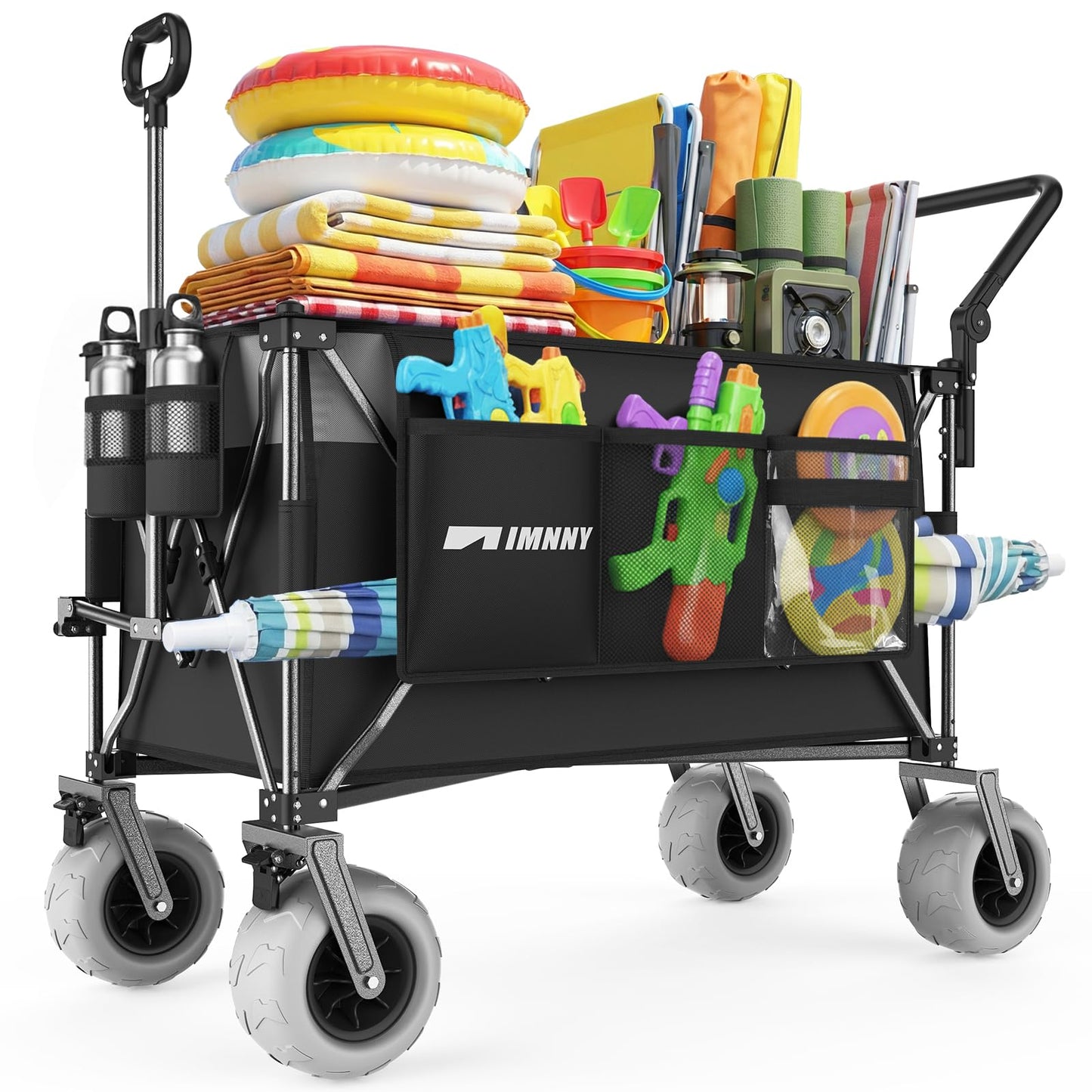 Aimnny 400L Push Pull Beach Wagon, Heavy-Duty Dual-Mode Cart with 9"x4" All-Terrain Wheels & Brakes, Adjustable Handles Collapsible Wagon for Beach,Camping,Grocery & Garden (Black)