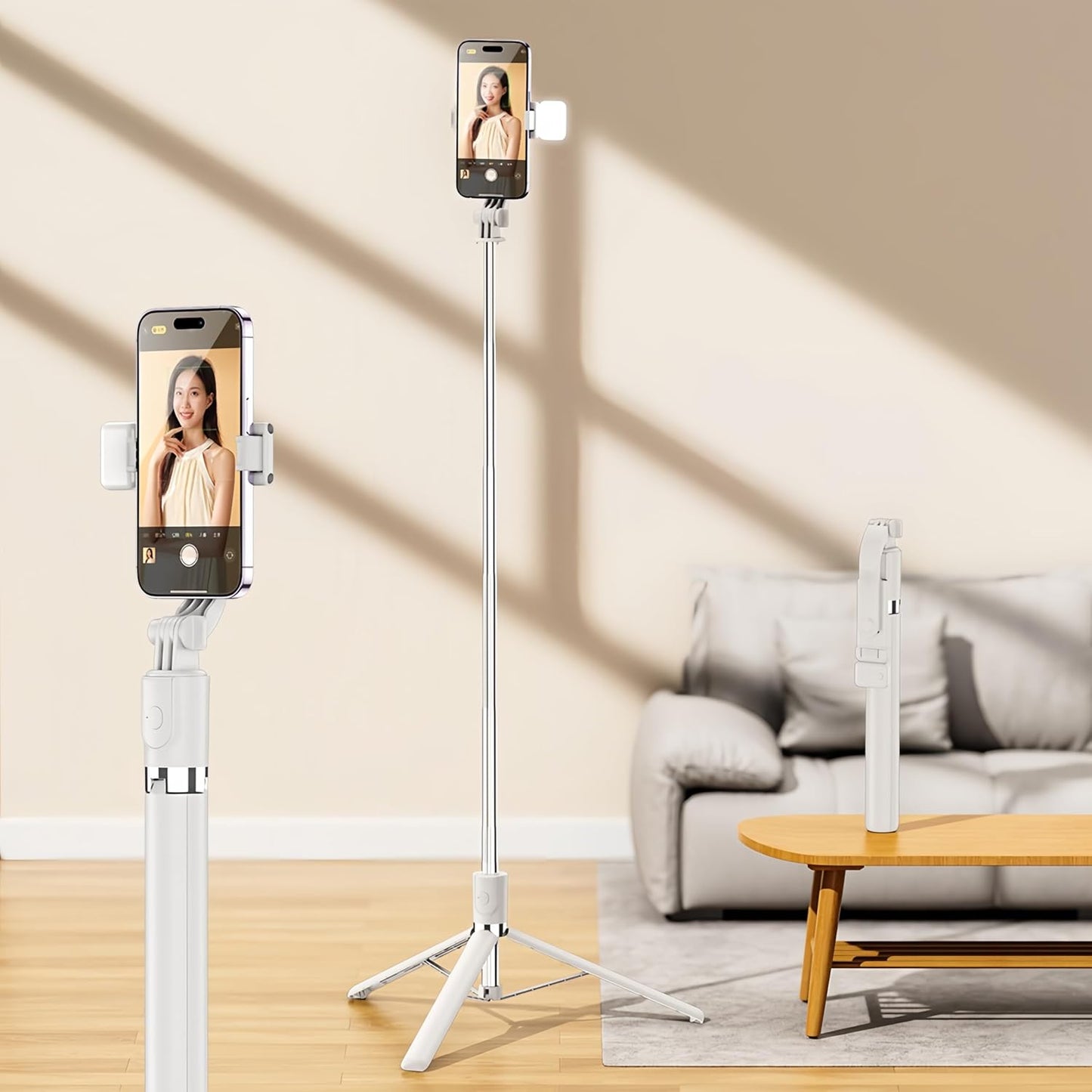 Briteroh 68", 3 360 Selfie Stick Tripod Extendable Selfie Pole with Removable Fill Light & Bluetooth Remote, Modes