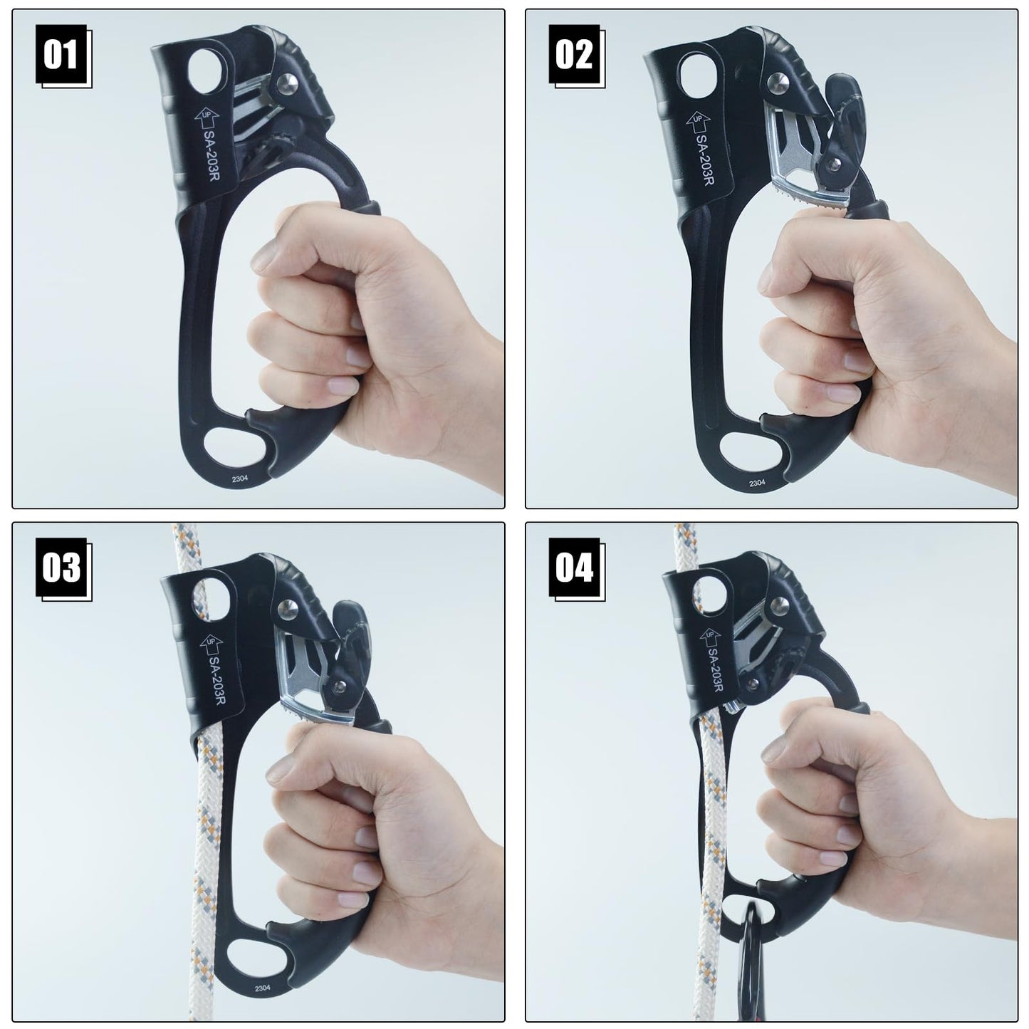 S.E.PEAK UIAA & CE Certified Climbing Rappelling Equip Hand Ascender for 8-13mm Rope Right Hand Black