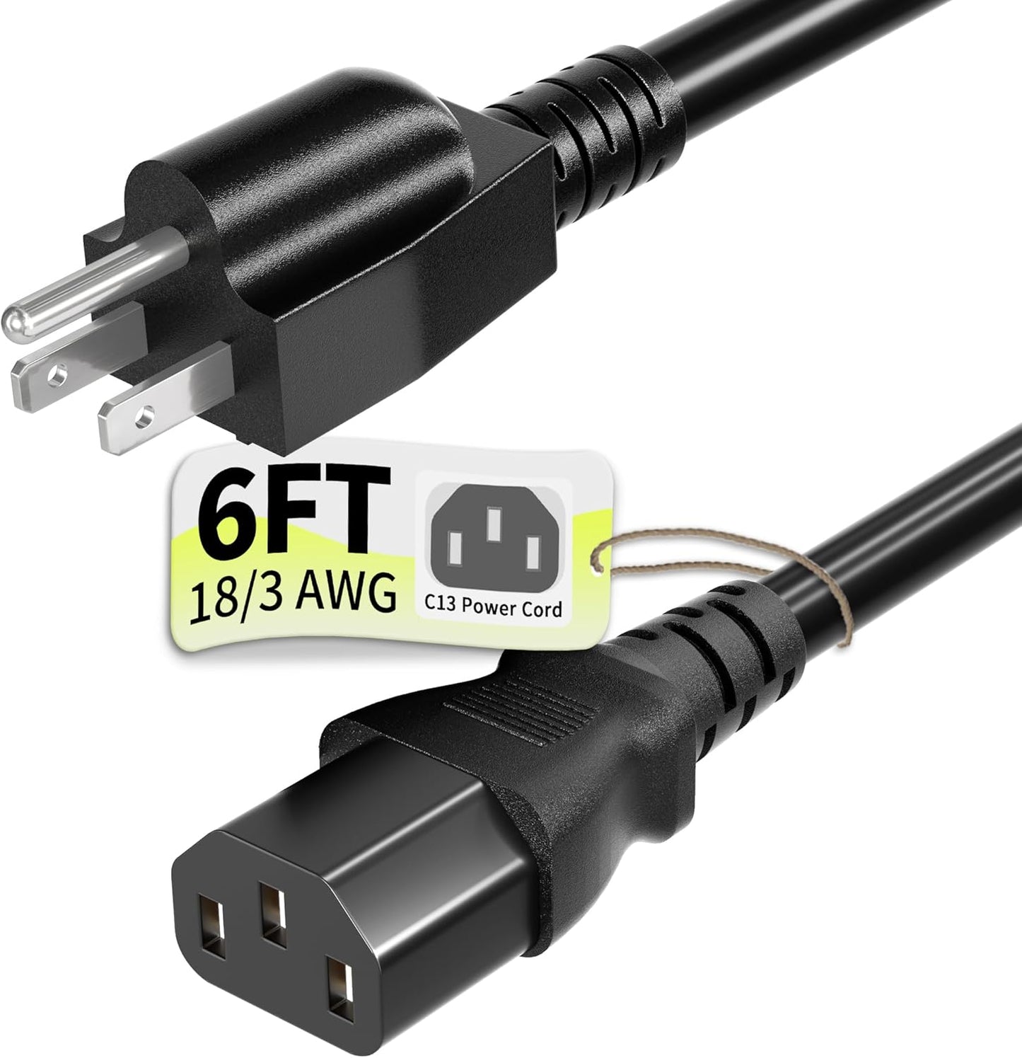 Vockjour 3 6ft 10 125 18AWG, 5-15P C13, Prong AC Power Cord Cable Amps Volts NEMA to Black PC Power Cable for TV