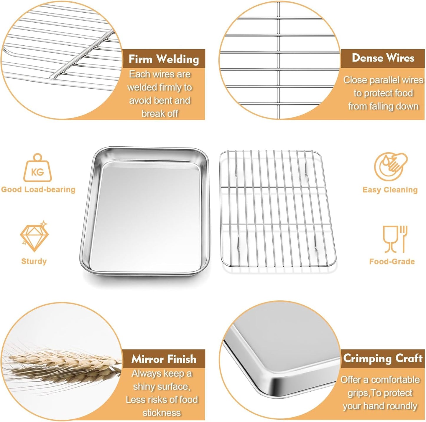P&P CHEF 9-Inch Baking Sheet Pan Set - Stainless Steel Tray with Rack & Silicone Mat, Dishwasher Safe