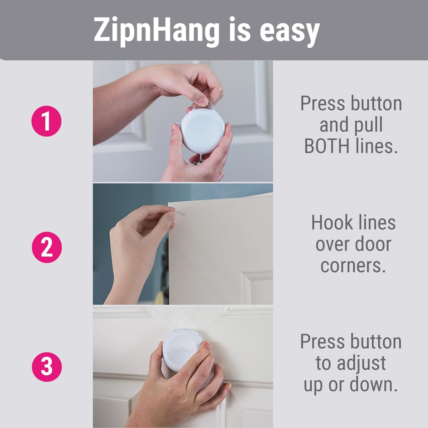 Zip 'n Hang Wreath Hanger for Front Door – Damage Free Adjustable Door Wreath Hanger for Glass, Screen & Standard Doors, Christmas Wreath & Decor Hook (White - 1 Pack)