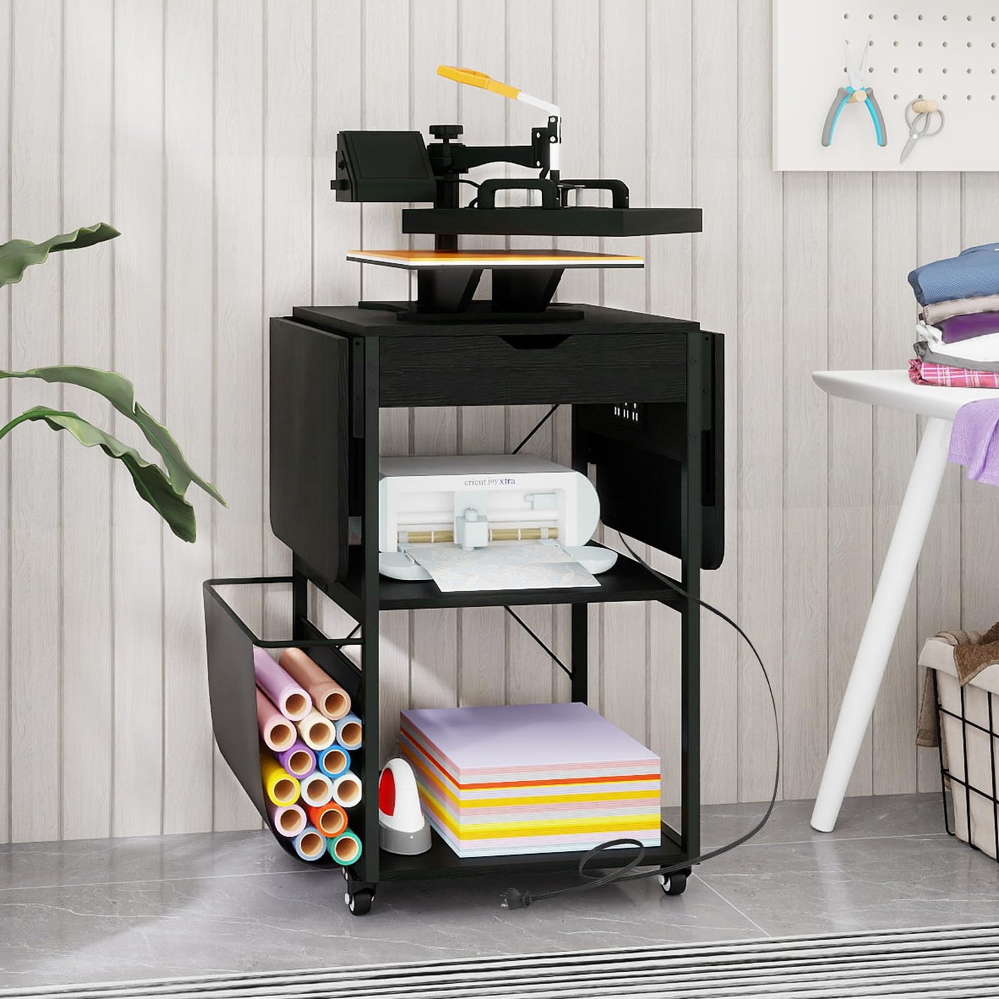 PUNCIA Foldable Heat Press Table with Drawers - Heavy Duty Heat Press Stand with Wheels for Easy Mobility Collapsible Heavy Duty Workbench for Sublimation, T-Shirts and Caps Heat Transfer Project