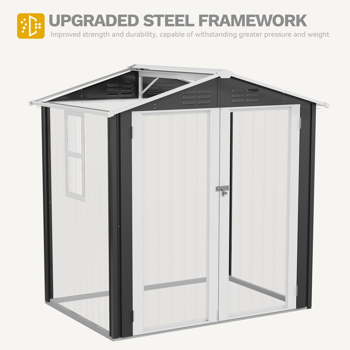 DWVO 6x4ft Large Tool Storage Shed with Window, Lockable Doors, and Sloped Roof, Oversized Steel Outdoor Storage Shed for Garden, Patio, Garage, Backyard, Lawn - Gray White