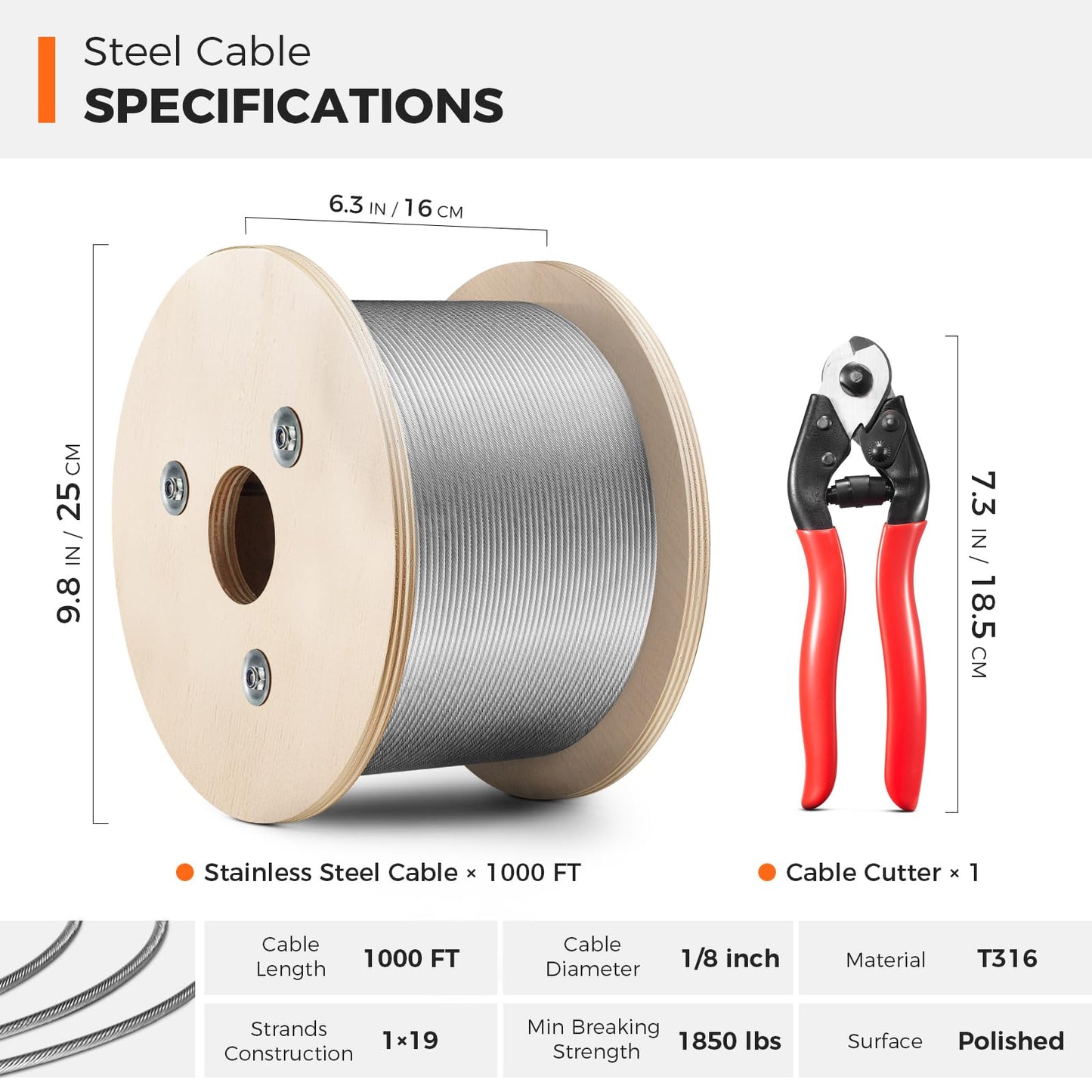 WAYSKA 1/8" Stainless Steel Cable 1000FT, T316 Marine-Grade Wire Rope Aircraft Cable with a Cutter for Deck Railings, Stair Porch Fence, Balusters, 1 x 19 Strands Construction