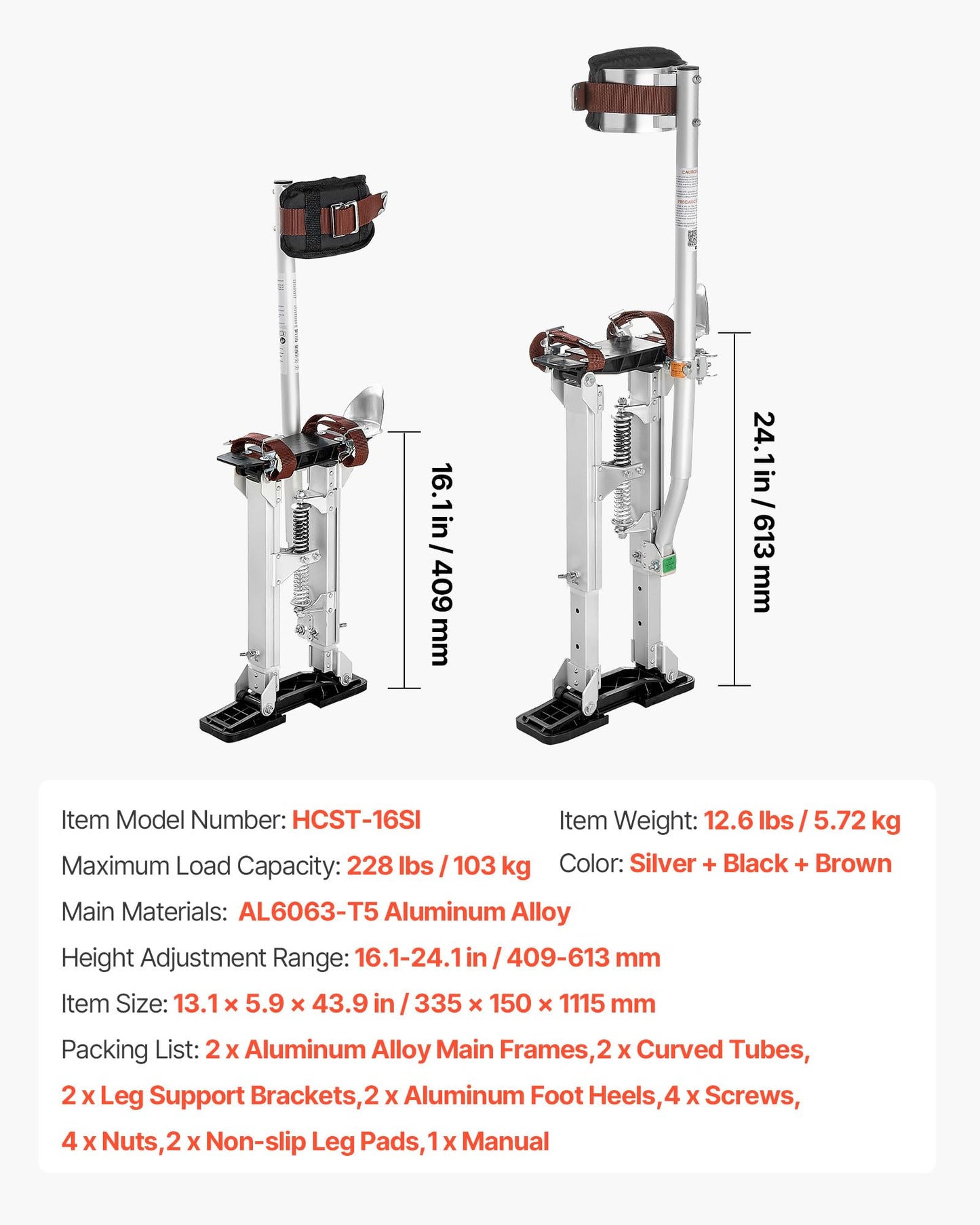 VEVOR Drywall Stilts, 16.1–24.1 in Adjustable Aluminum Painter Stilts, 228 lbs Load Capacity, Non-Slip Rubber Feet, Dual Spring Shock Absorption, Comfortable Leg Straps for Painting, Decoration,Silver
