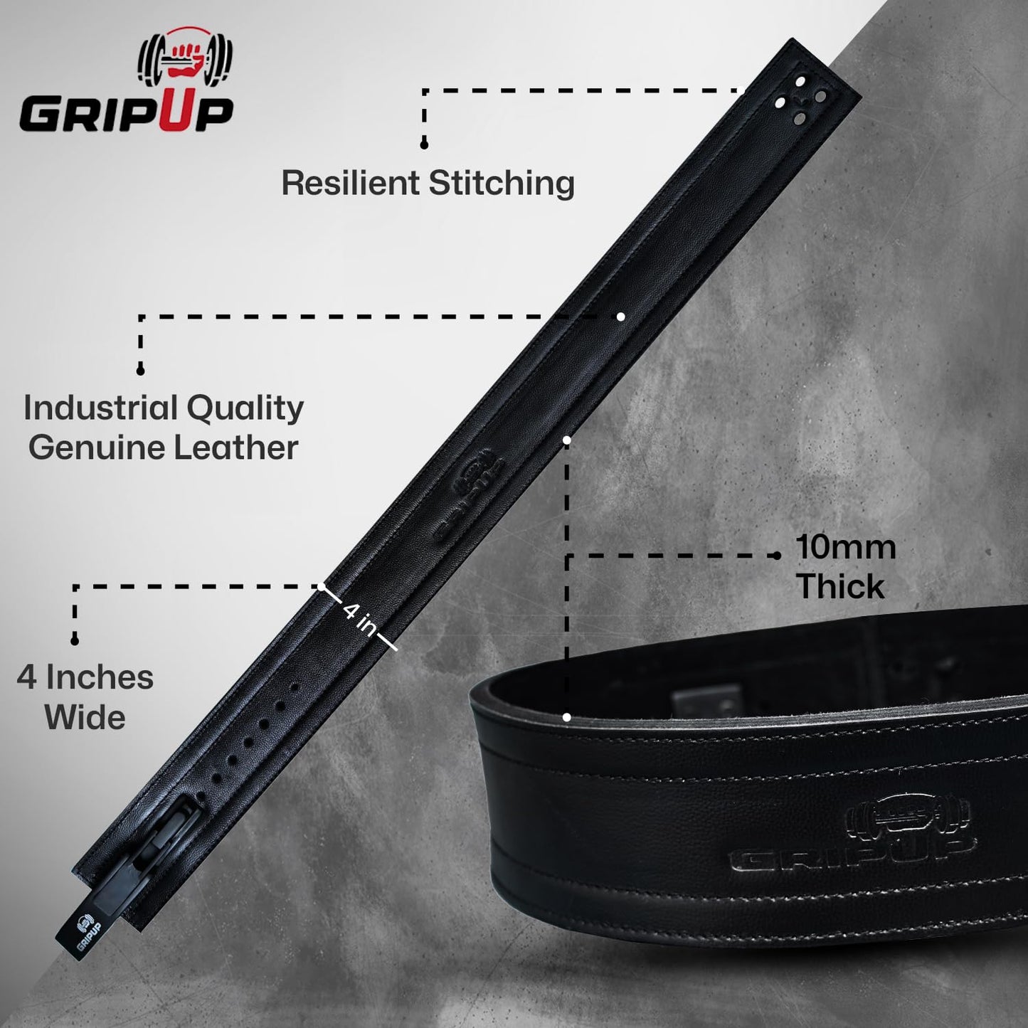 GripUp 10mm Powerlifting Belt – Genuine Leather 4" Weight lifting Belt with Heavy Duty Lever Buckle for Squats, Deadlifts, Gym, Fitness, Bodybuilding – Lumbar Back Support for Men & Women (Black, Small)