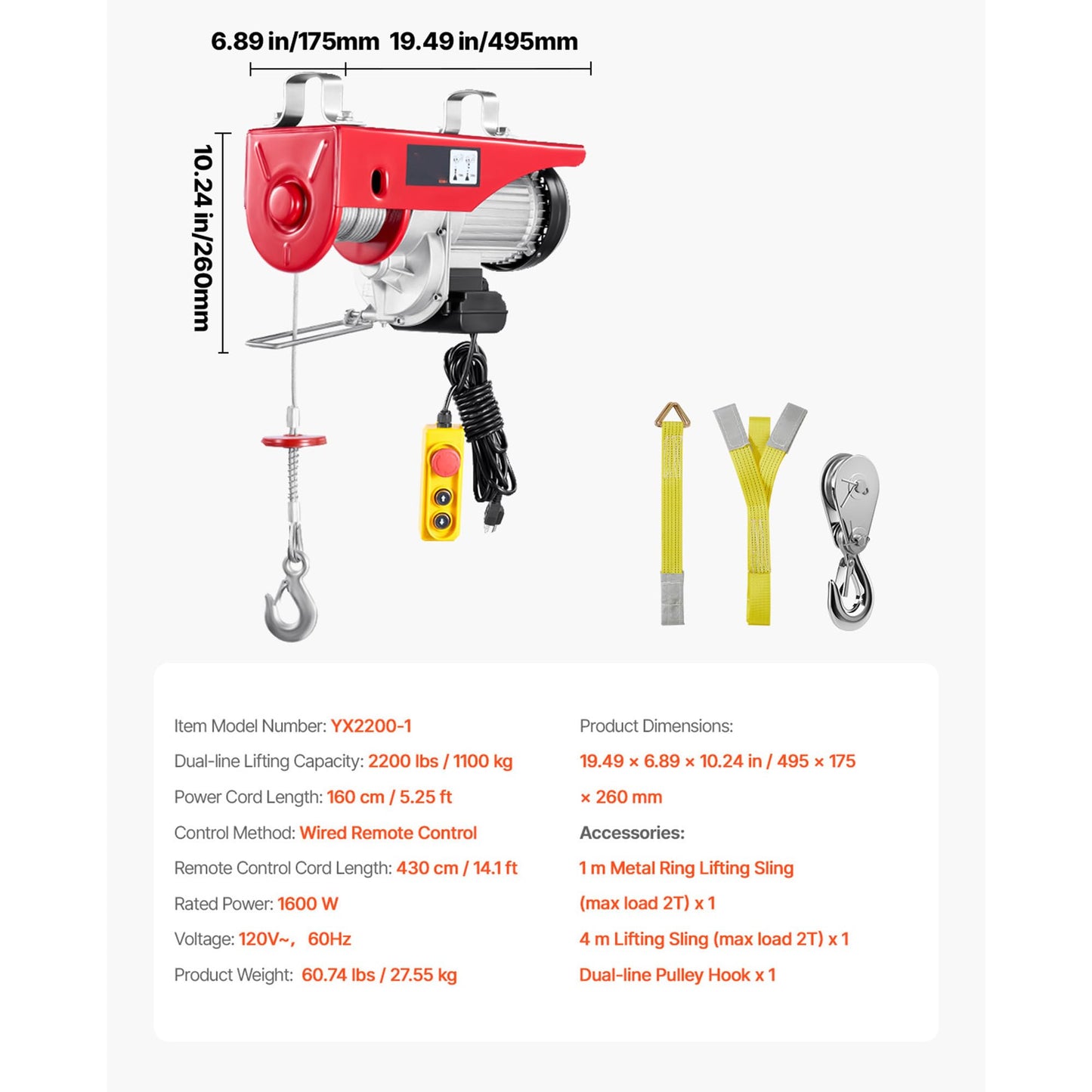 Happybuy Electric Hoist, 2200 lb Overhead Crane Garage w/Steel Hook, Remote Control & Emergency Stop Switch Ceiling Pulley Winch for Warehouse, Construction, Goods Lifting, 110V Red, 2200Lbs