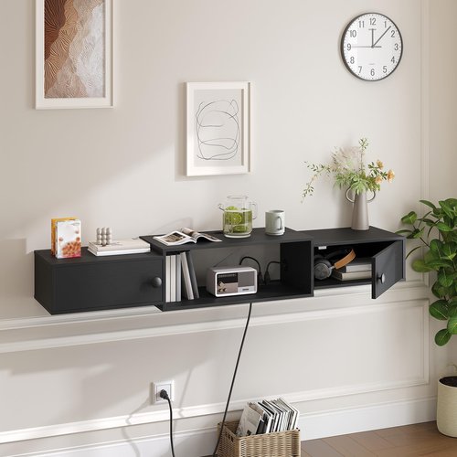 HOOBRO 55" Floating TV Stand with Power Outlets, Modern Wall Mounted Media Console Shelf with Doors, Entertainment Center for Under TV Storage, for Living Room, Bedroom, Black BK11UDS01