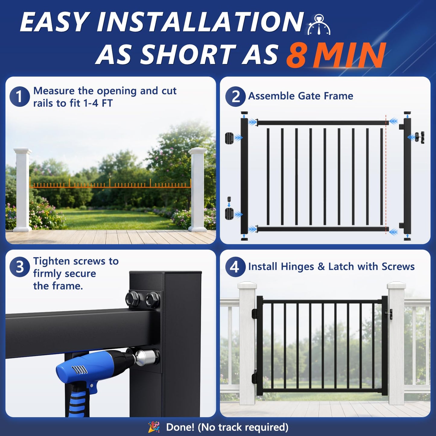 Guwezoy W.4ft x H.36in Aluminum Deck Gate Outdoor, Cuttable Porch Gate Kit with Latch and Auto-Closing Hinge, AAMA 2604–Grade Sand-Texture Black Outdoor Gate for Deck Railing Patios, Porch, Garden