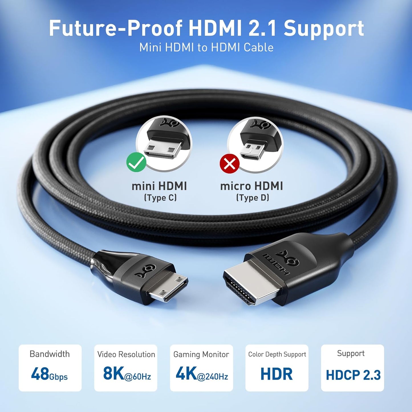 48Gbps 8K 2.1 3.3ft, 8K@60Hz 4K@240Hz Cable Matters Mini HDMI to HDMI Cable - Supports / with HDR, MiniHDMI Cable Works