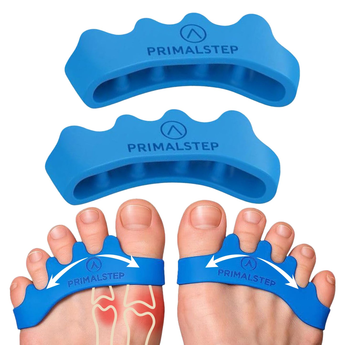 PRIMALSTEP 2.0 Firm Edition Toe Separators, Spreaders, Spacers, Straightener to Correct Toes for Men and Women, Bunion Corrector, Plantar Fasciitis, Stretchy, and Durable, Large