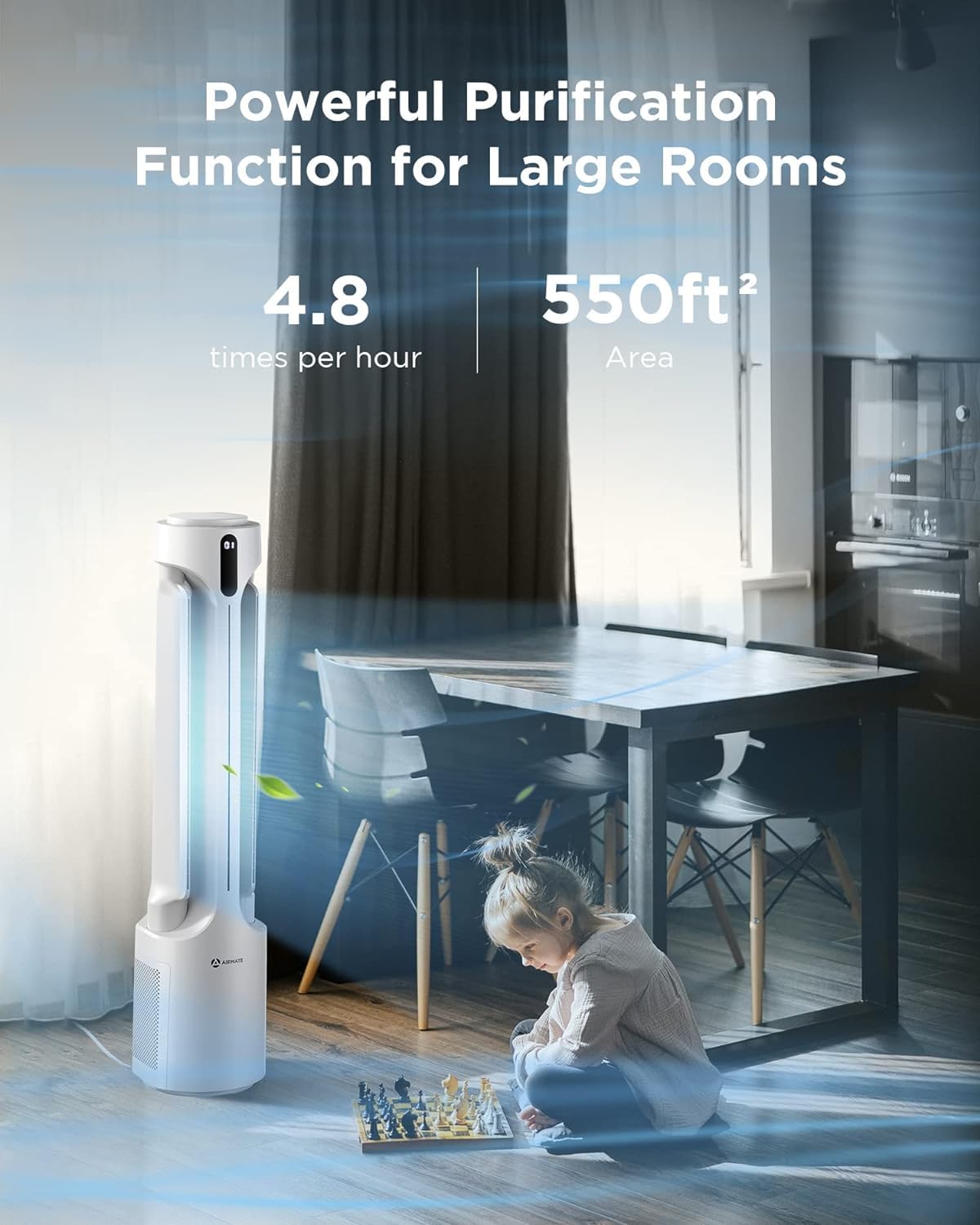 AIRMATE Air Purifier Bladeless Tower Fans, 1500CFM Large Air Volume, 45" 2-in-1 Standing Fan for Bedroom & Home, 28ft/s Velocity, 90° Oscillation, 24H Timer, Low Noise, White