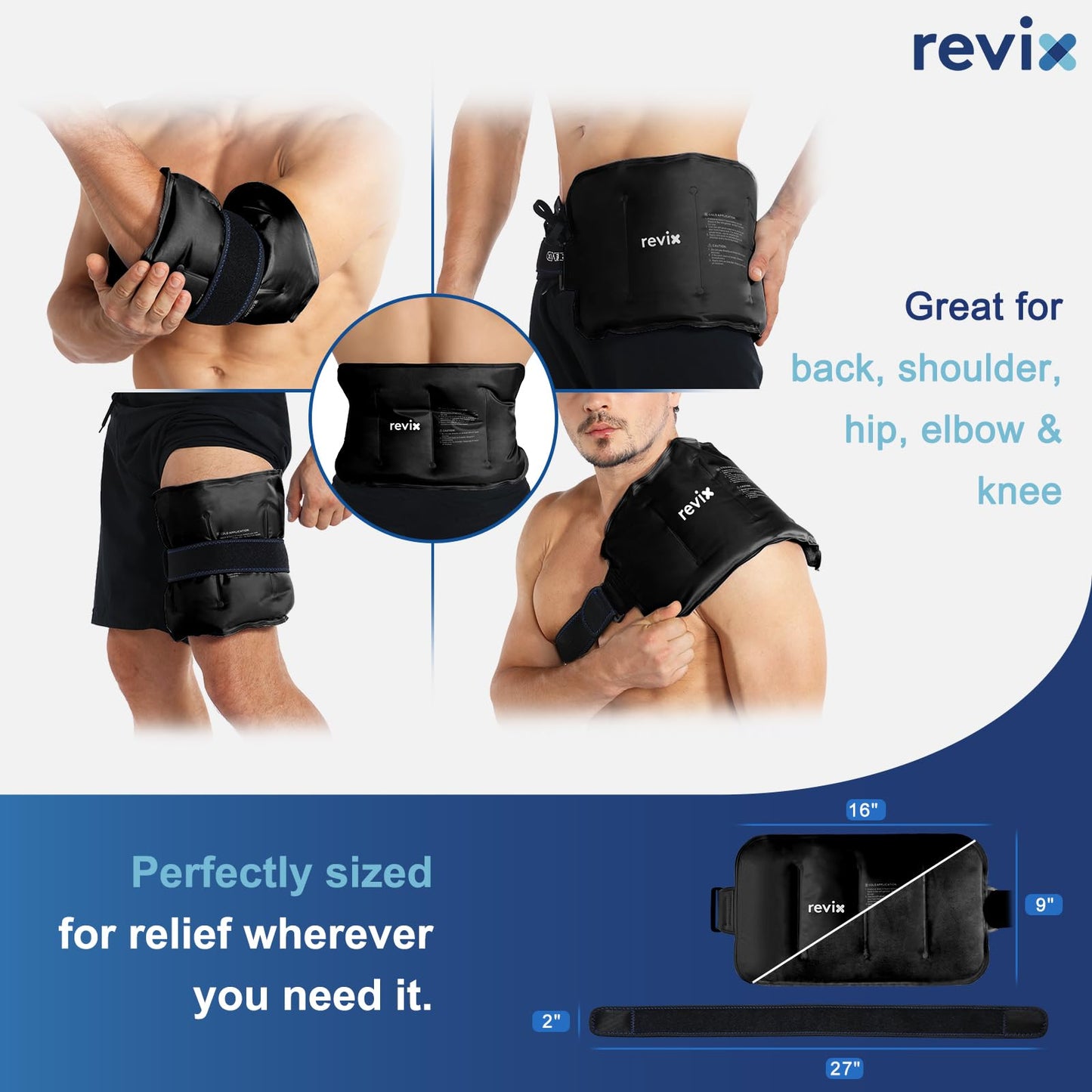 REVIX 16" × 9" Flexible Gel Ice Packs Reusable for Lower Back with Strap, Dual-Sided Soft Body Ice Wraps for Shoulder, Neck, Abdomen and Leg Relief, Black 2 Packs
