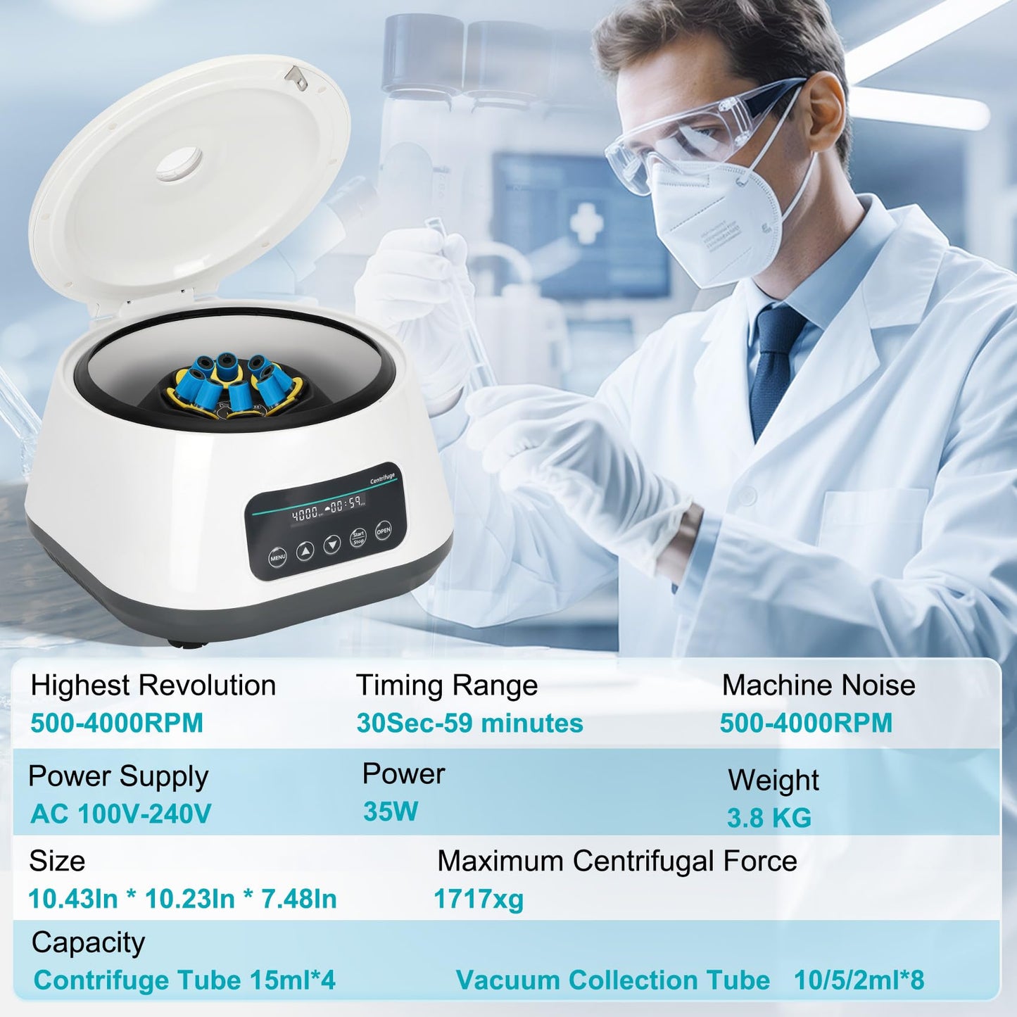 Lab PRP Benchtop Centrifuge Machine, Digital Desktop Lab Centrifuge 8x2ml/5ml/10ml/4x15ml Capacity Test Tubes, Timer 30sec-60min, Digital Speed 500-4000RPM, Max1717xg RCF for Various Lab Applications