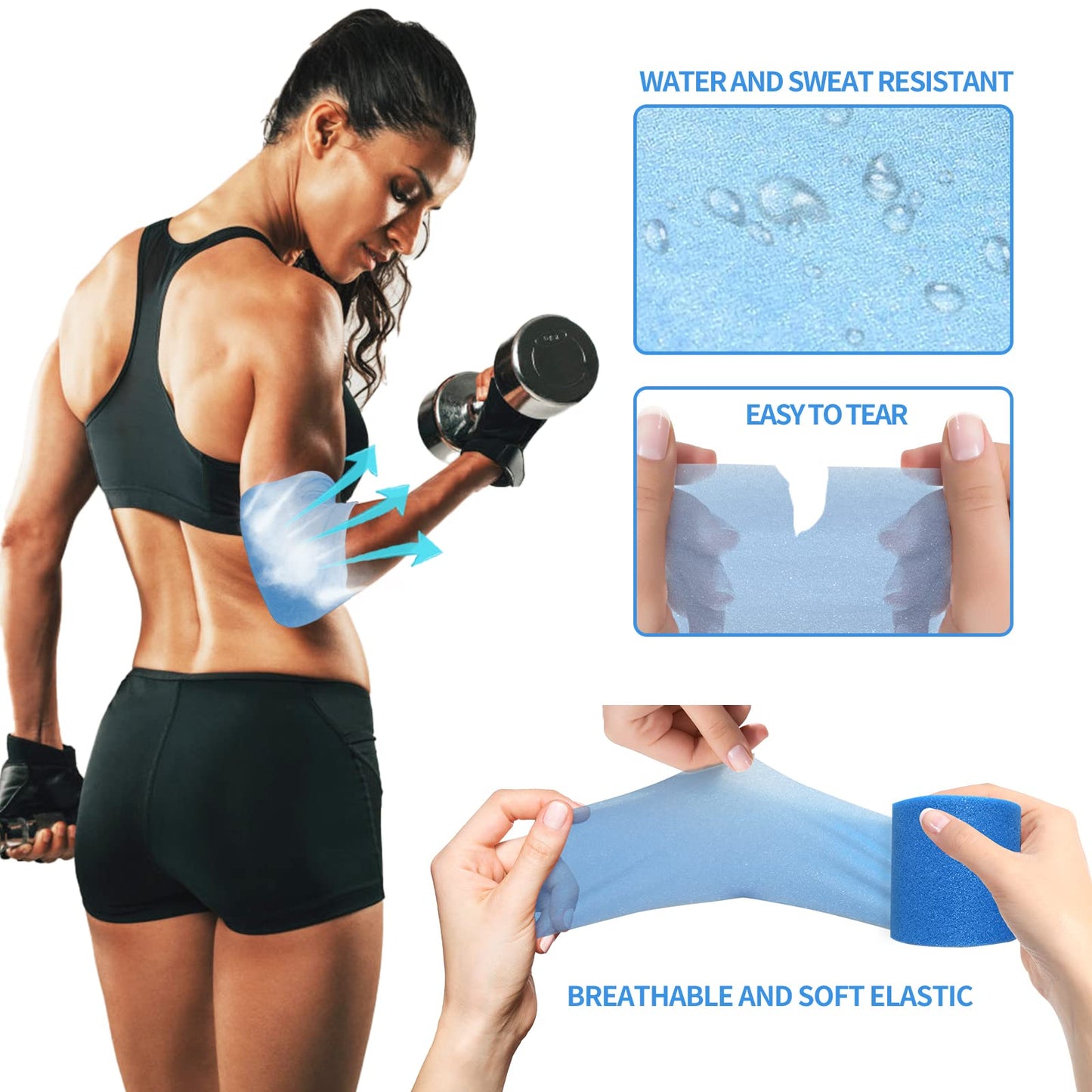 ADMITRY Pre Wrap Tape Athletic,3 Rolls X 22 Yards Blue Prewrap,Headbands for Hair,Foam Underwrap Sports Wrap