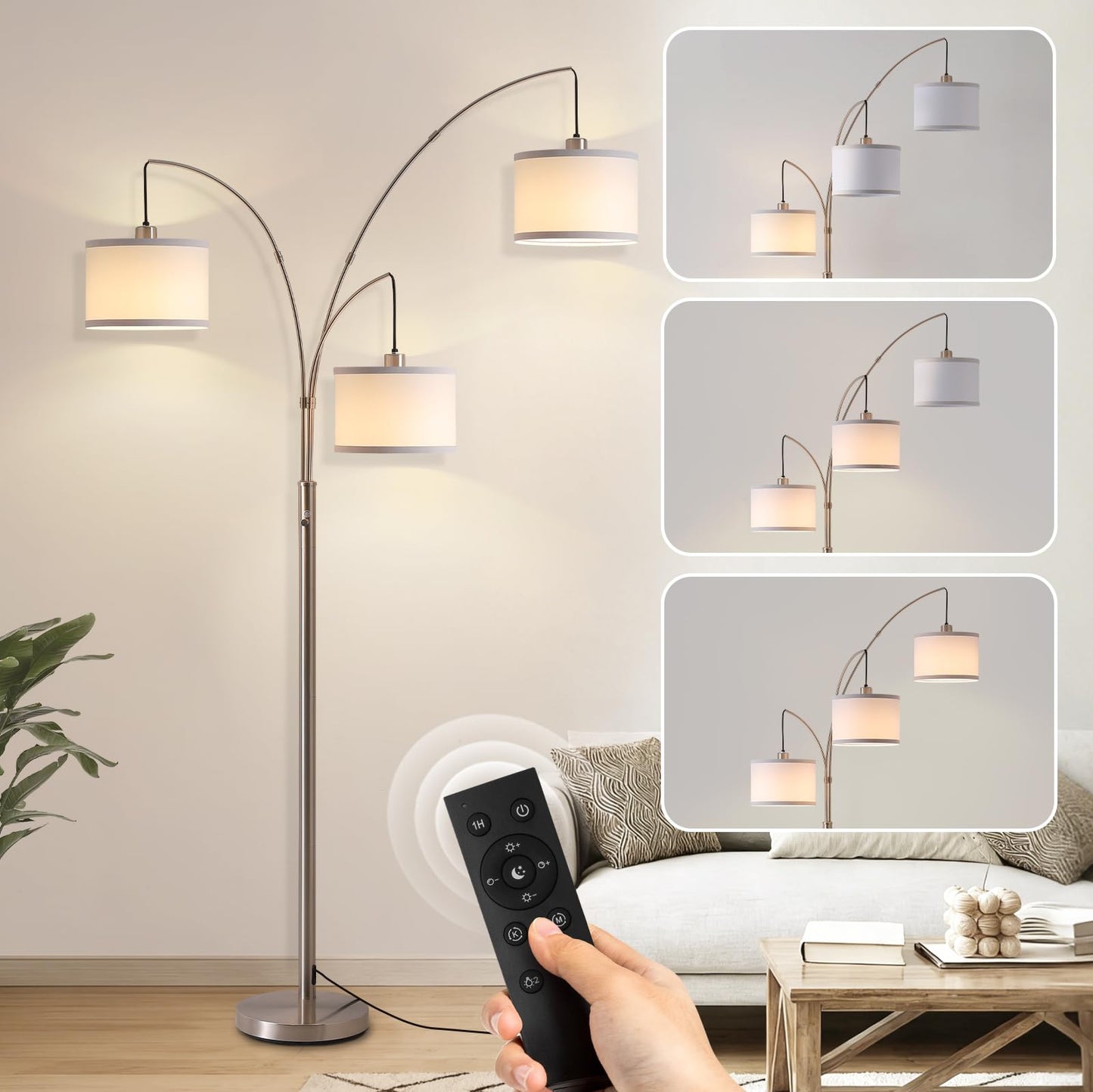 Fansdrick Floor Lamps for Living Room, 2400LM Super Bright Arc Floor Lamp with Remote Control, 3 Light Tall Floor Lights with Stepless Dimmable, 80" Mid Century Tree Floor Lamp for Bedroom, Office