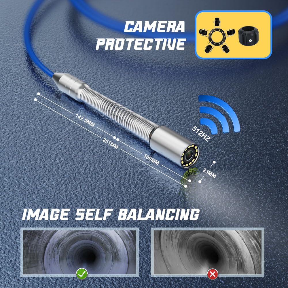 SYOWNFS Sewer Camera with 512Hz Sonde Self-Leveling, Pipe Inspection Camera with DVR Recorder, Endoscope with 12pcs LED Lights for Plumbing, 100ft/30m (16GB SD Card Included)