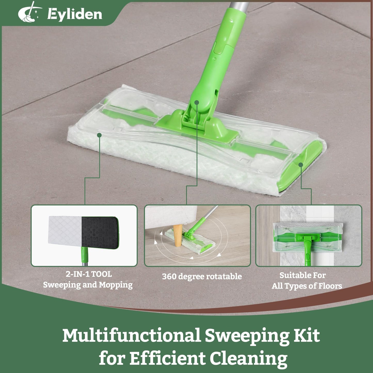 Eyliden Sweeper Mop with 36 Refills - 3 Types of Disposable Dry & Wet Cloths | Lock-Tight Design No Lost Pads, Universal Refills, Multi-Surface Sweeping Starter Kit for Pet Hair, Dust, Floor Cleaning