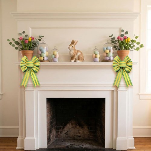 Hying Easter Wreath Bows - 2-Piece Yellow Green Stripes Burlap Decor for Front Door