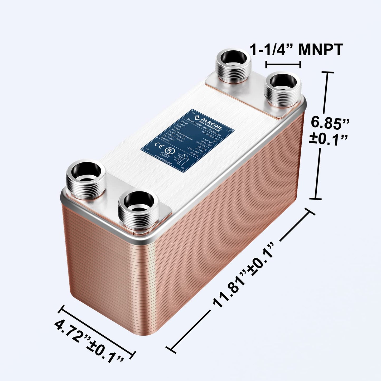 ALECOIL 5"x12" 60 Plates Heat Exchanger with 1-1/4" MPT Port Water to Water 316L Stainless Steel Brazed Plate Heat Exchanger for Water Heating, Floor Heating, Commercial and Industrial Refrigeration