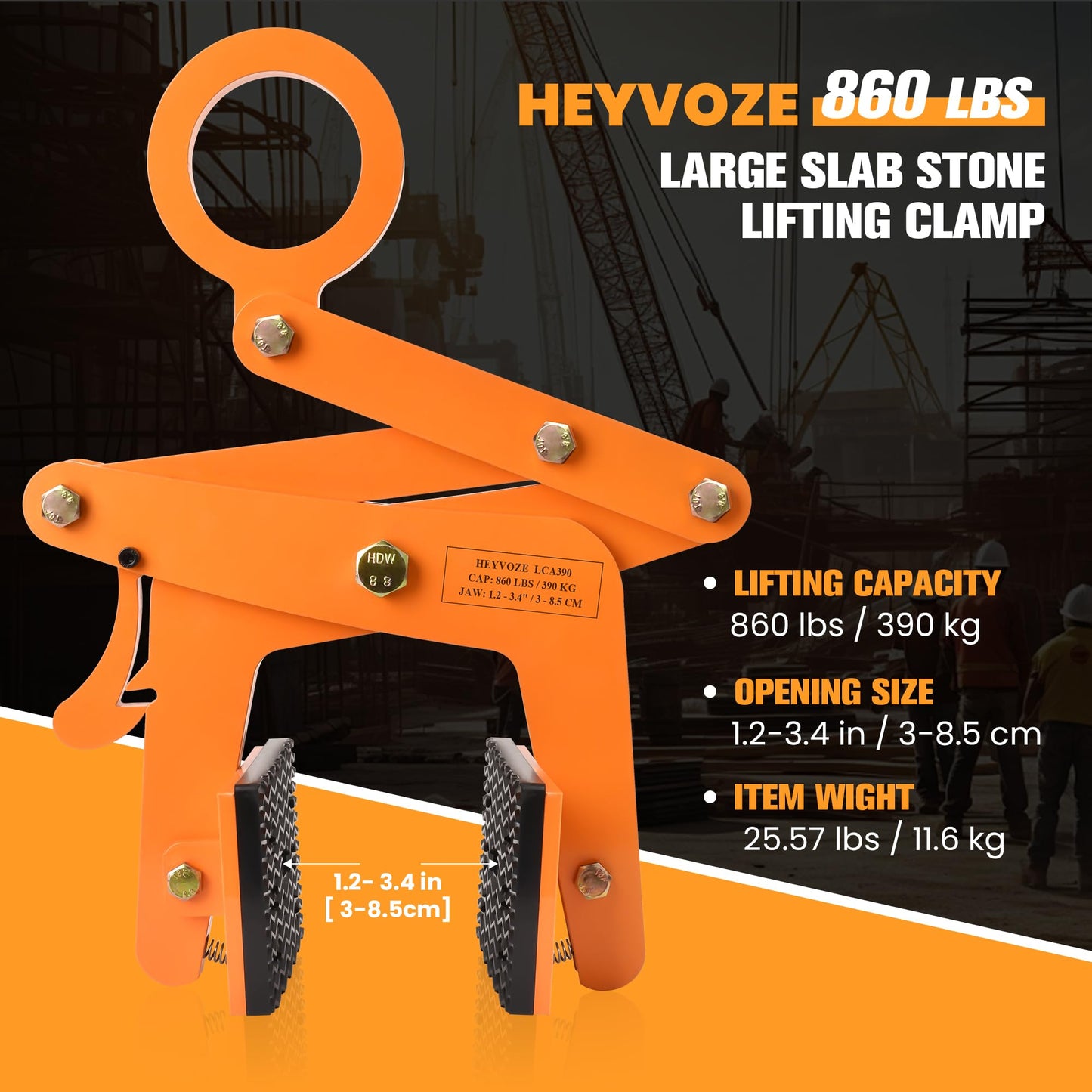 HEYVOZE 860 lbs Granite Slab Lifting Clamp, 1.2–3.4 in Opening A-Type Stone Lifting Clamp, for Stable Handling of Granite, Marble, and Concrete Slabs