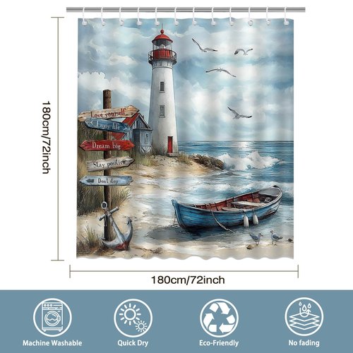 Mocsicka Nautical Coastal Shower Curtain Ocean Beach Lighthouse Bathroom Shower Curtain Seaside Nautical Coastal Waterproof Fabric Shower Curtains Bathtub Decor with 12 Hooks 72 X 72 Inch (Blue)