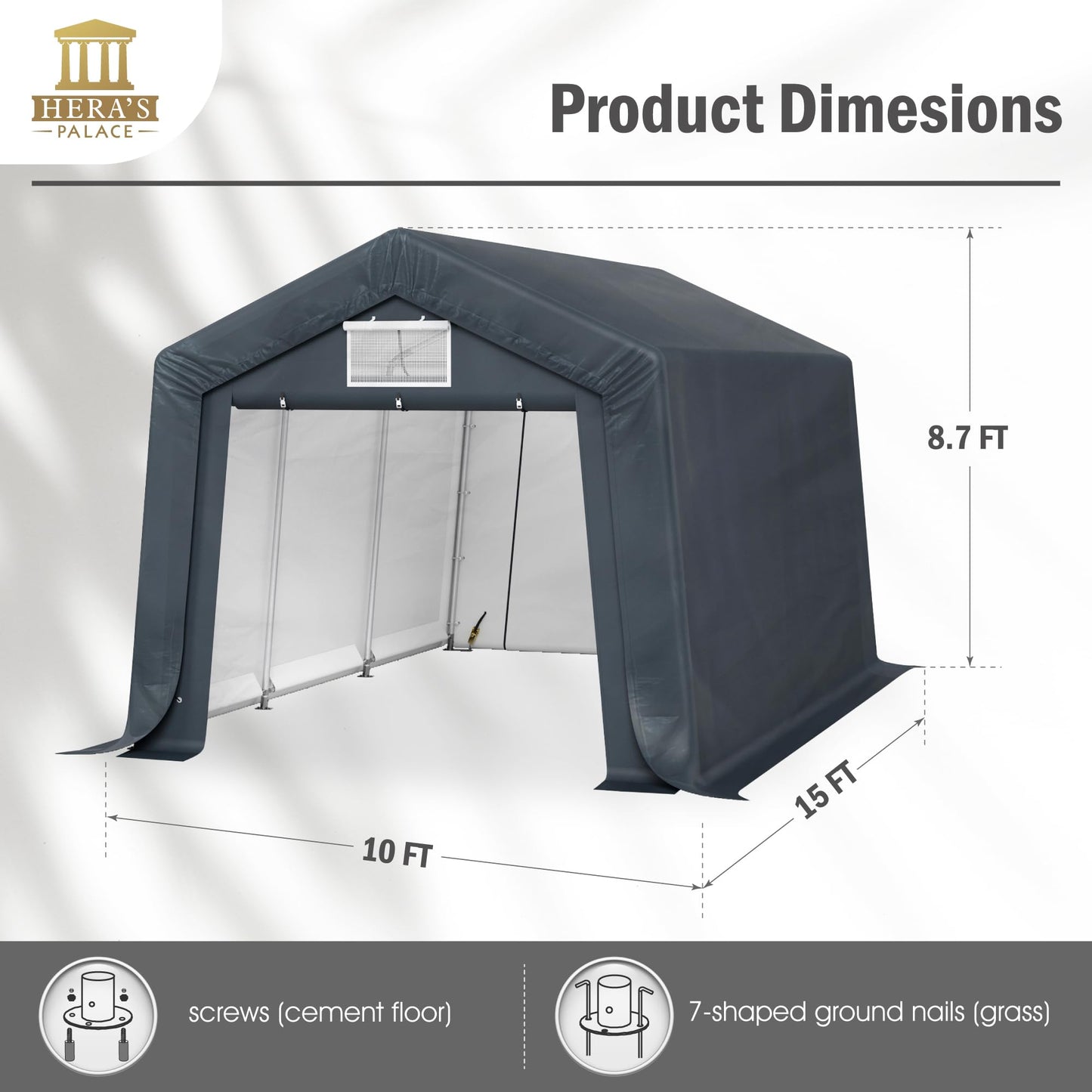 HERA'S PALACE 10x15ft Heavy Duty Carport Storage Shed Outdoor Anti-Snow Portable Canopy Shelter with 2 Doors Garage Tent for Motorcycle Garden Tools