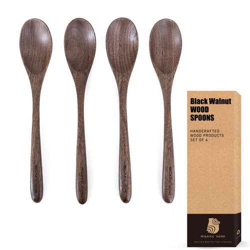 MIGAKU HOME Black Walnut Wooden Spoons, 4pcs Soup Spoons for Eating, Eco-Friendly Japanese Kitchenware Set, Natural Wood Utensils for Cooking Mixing Stirring