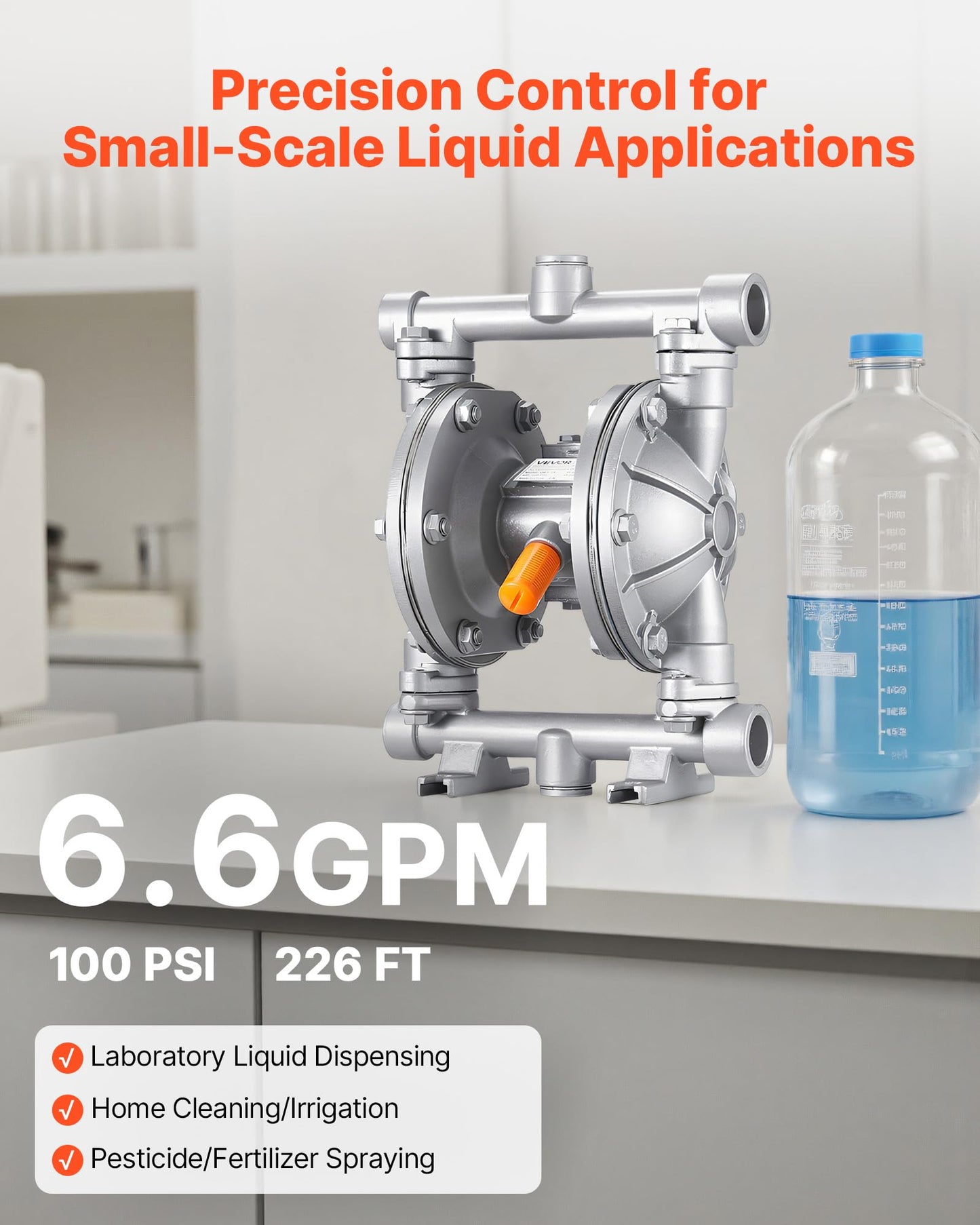 VEVOR Air Operated Double Diaphragm Pump, 6.6 GPM, 3/8 inch Inlet & Outlet Pneumatic Waste Oil Transfer Pump, Max 100 PSI, Aluminum Alloy Body, Air-Operated for Diesel, Grease, Kerosene, Gasoline