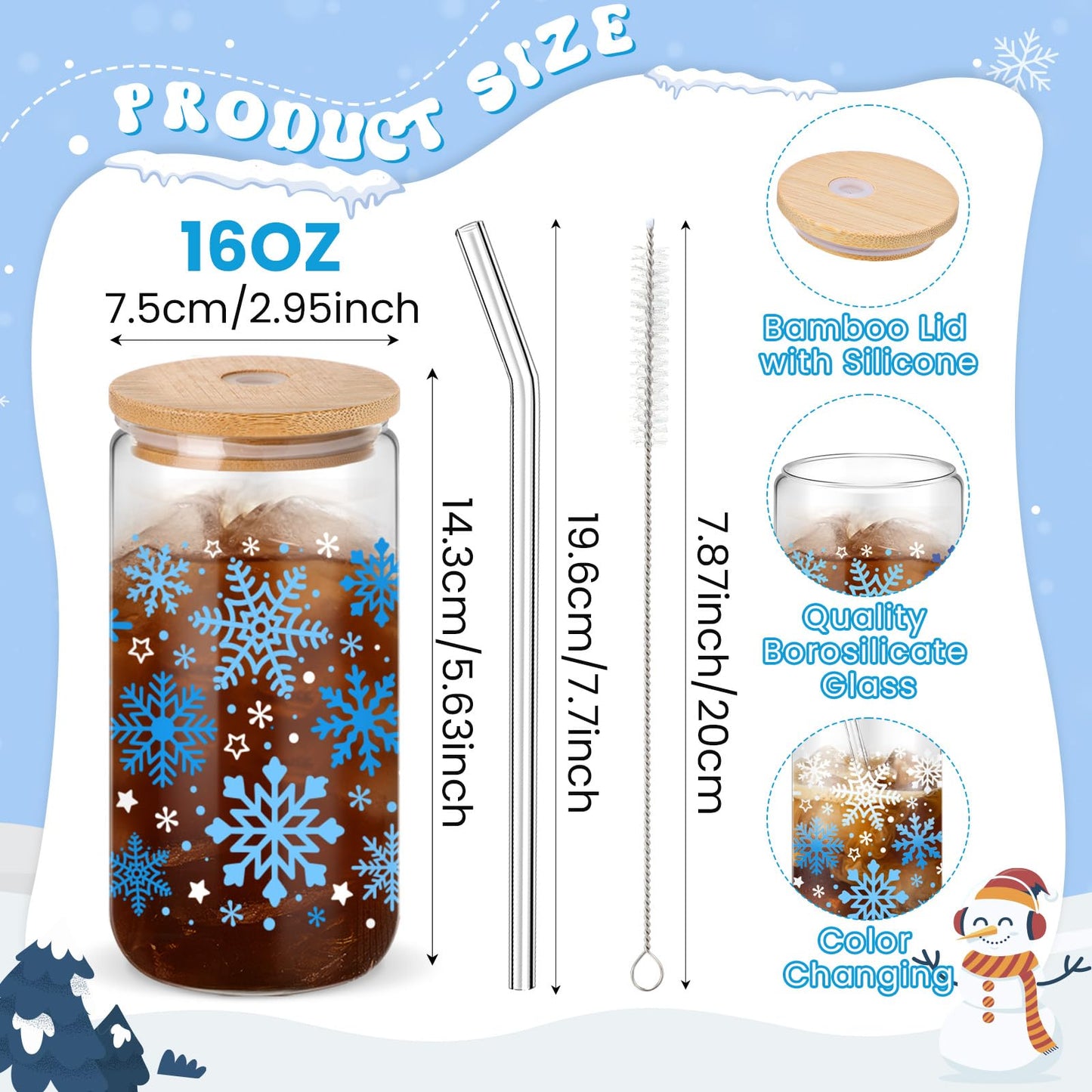 Yetene 24 Pack Snowflake Glass Cups Gifts 16 oz Color Changing Winter Glass Tumblers with Lids Straws Brushes Snowflake Lights Iced Coffee Cups for Women Men Employee Coworkers Holiday Party Favors