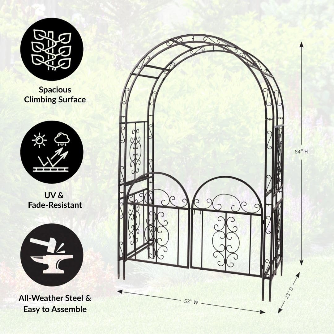 Plow & Hearth Arch Metal Outdoor Garden Arbor Double Gate | Montebello | 7 Feet Tall | Gunmetal Black | Steel Iron Trellis Lattice Climbing Plants & Heavy Vines