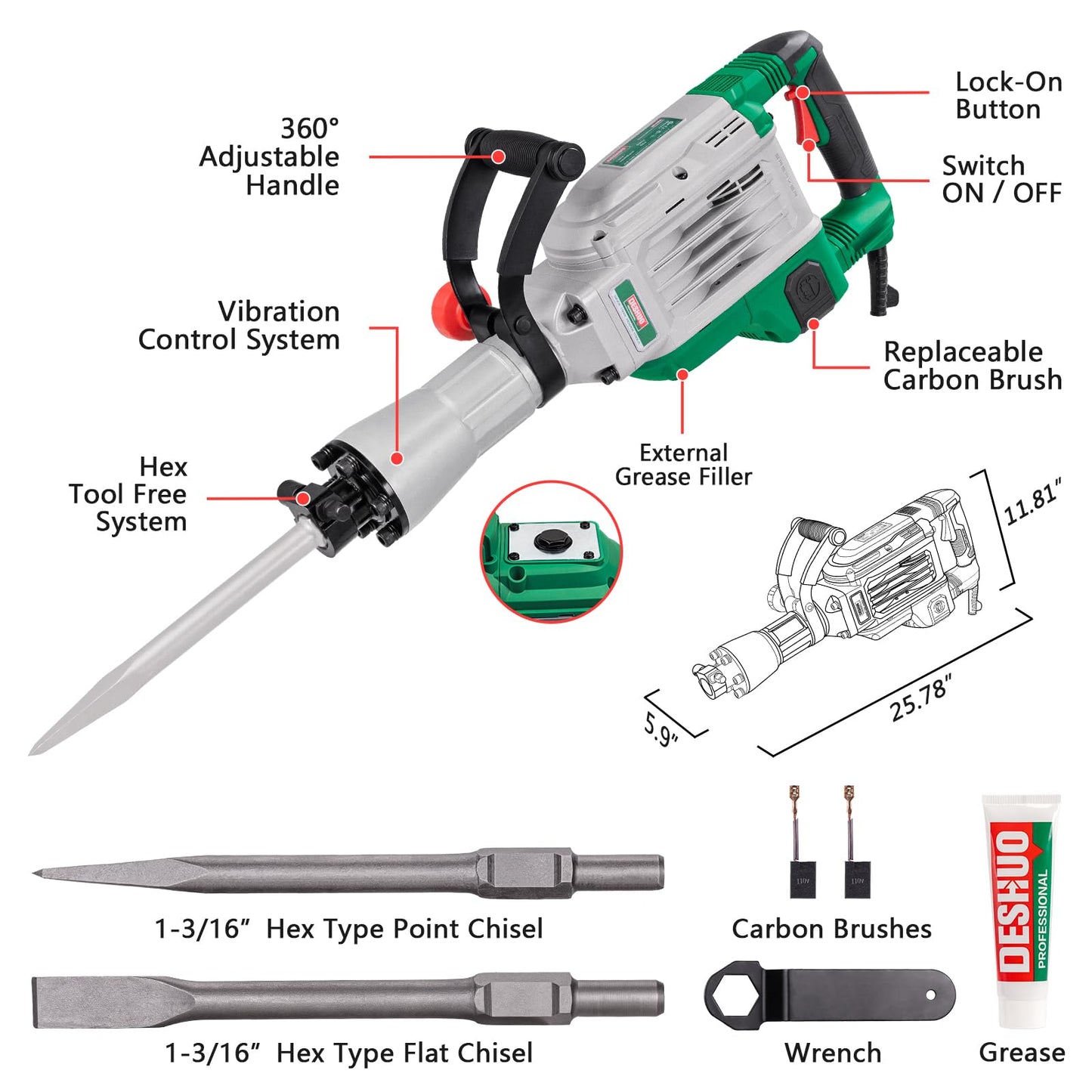 Deshuo 30 lb. Demolition Jack Hammer with 1-3/16" Hex Shank, 1700W 14-Amp Heavy Duty Corded Electric Concrete Demo Chipping Breaker with Carrying Case, Flat & Bull Point Chisel