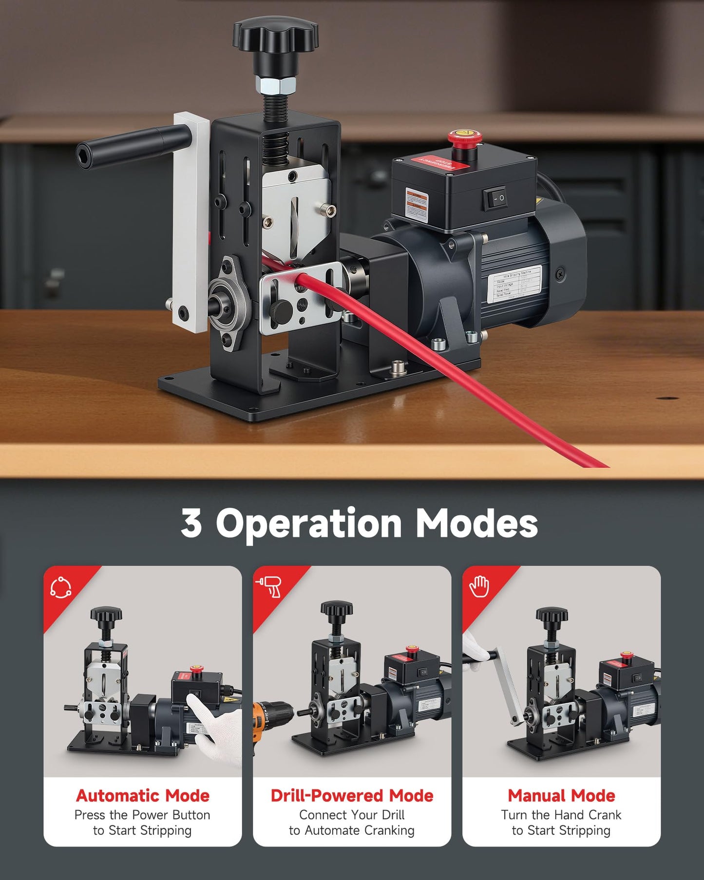 CREWORKS Automatic Wire Stripper Machine, Wire Stripper Electrical for 0.06"-0.9" (1.5-22 mm) Copper Wires with 3 Operation Modes, Wire Stripping Tool with Hand Crank for Scrap Wire Recycling