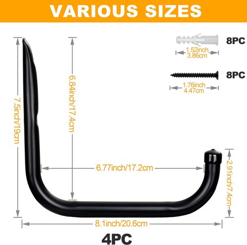 KURUI Heavy Duty Garage Hooks - 6Pcs 3.5" & 4Pcs 8" Ladder Hooks for Tools & Cords | Black Wall Mount