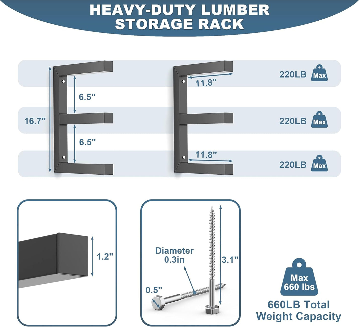 Ultrawall Lumber Storage Rack - Heavy-Duty Wall-Mounted Wood Organizer | Holds 220 LBS Per Level (Pack of 4, Black)