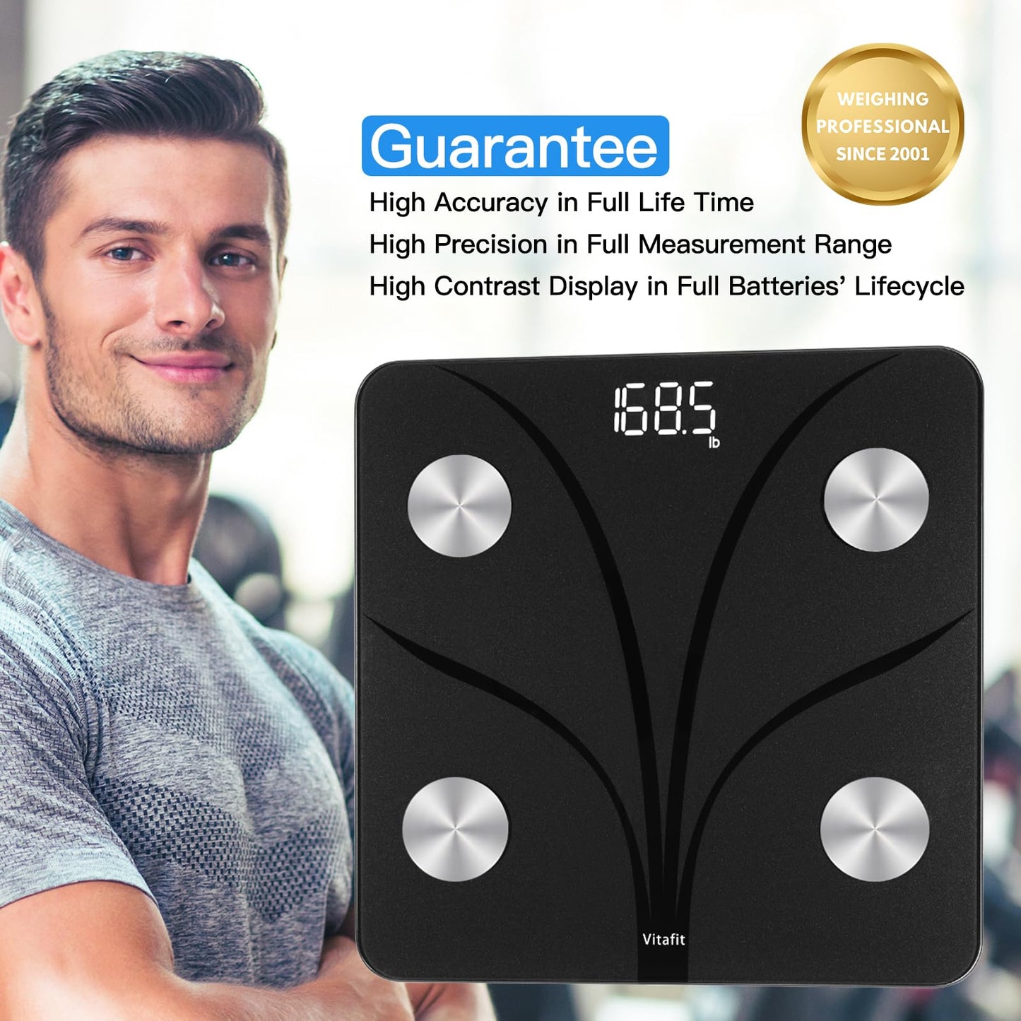 Vitafit Smart Bathroom Scale for Body Weight, Weight Scale Professional Factory Since 2001, App Sync 13 Body Composition Analyzer BMI, Body Fat and Muscle, 400lb, LED, Black