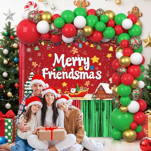 AIBIIN Christmas Balloon Arch Kit - 105pcs Friendsmas Party Decorations with Merry Friendsmas Banner & Foil Curtain