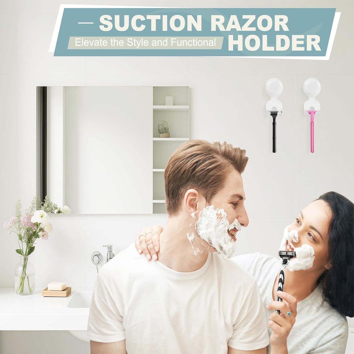 VIS'V Suction Cup Razor Holder - Removable & Reusable Shower Hooks for His and Hers | White, 2 Pcs