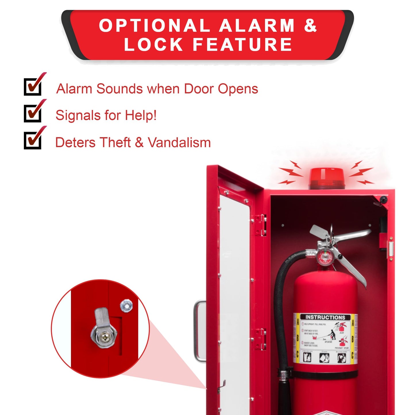 10 lb Fire Extinguisher Cabinet with Alarm, Lock, & Breakable Acrylic Window | Wall or Surface Mount | Fits 5 lb and 10 lb Extinguishers | Fire Safety Instructions Included (10 lb) (Red)